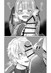 1boy bangs blush collar demon_girl earrings erection eyebrows_visible_through_hair fangs female futa_on_male futa_with_male futanari hair_between_eyes heavy_breathing highres jacket jewelry kuzuha_(nijisanji) long_hair makaino_ririmu monochrome nijisanji open_mouth penis_on_face pointy_ears sweat tabeikoze translation_request virtual_youtuber