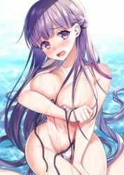 1girls alternate_breast_size alternate_costume background big_breasts bikini blush breasts cleavage embarrassed fire_emblem fire_emblem:_the_binding_blade large_breasts mahiru_hanasaki nintendo purple_hair sophia_(fire_emblem) surprised swimsuit wardrobe_malfunction water