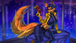 1girls 2021 5_fingers alanscampos anthro background blue_hair carmelita_fox clothing ear female furry gloves gun jacket lipstick pants patreon patreon_username piercing pistol shock_pistol sly_cooper_(series) smooth_fur sofa tail wide_hips yellow_eyes