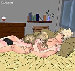 1boy 1girls alcohol bed bedroom blonde_hair camie_utsushimi drunk female katsuki_bakugou male my_hero_academia nude nude_male on_bed panties partial_nudity partially_nude romantic sensual sleeping sleeping_on_person strophalosx3 topless underwear underwear_only wine wine_glass