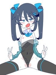 blue_eyes blush chibi collar cosplay cute girly hair_ornament hair_ribbon hairclip op_u_na solo stockings sweat sweating sweaty thighhighs trap twintails uncensored v white_background zense-kun