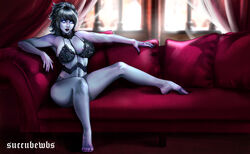 1girls awoken blue_eyes blue_skin bra choker dark_lipstick destiny_(game) feet female glowing_eyes lace lace-trimmed_bra lace-trimmed_panties lingerie lipstick makeup original_character pinup pinup_pose purple_skin short_hair smirk sofa solo succubewbs