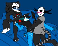 anal_sex black_fur black_pawpads blue_background blue_eyes blushing claws deadtale femboy fur_(character) furry furry_only grey_fur leg_up legs_open naked oral_penetration oral_sex pawpads paws pleasured protogen riskaver riskaver_(artist) simple_background sofa tail threesome wendigo