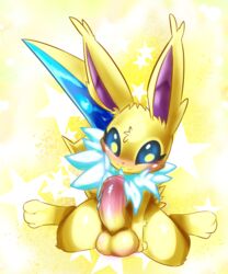 anthro arc_the_gigajolteon_(character) balls big_penis blush eeveelution feral fluffy genitals gigajolteon hi_res huge_cock hyper hyper_genitalia hyper_penis jolteon male neck_tuft nintendo penis pokémon_(species) pokemon solo star tuft video_games white_crest