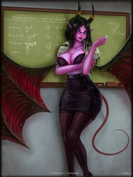 1girls absurdres big_breasts black_skirt black_stockings breasts classroom demon_girl female female_only glasses highres horns large_breasts looking_at_viewer pencil_skirt school skirt skirt_suit stockings succubus teacher tight_skirt vale_(warcraft) vempire warcraft white_shirt wings world_of_warcraft