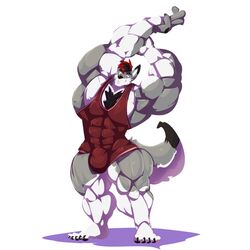 1boy 2020 5_toes anthro big_bulge bobert body_hair bulge canid canine chest_hair countershading feet flexing hi_res huge_bulge looking_at_viewer male mammal muscles muscular muscular_male plantigrade simple_background smile solo solo_male standing swaggy toes white_background white_countershading wrestling_singlet