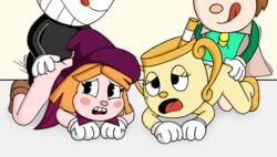 2boys 2girls anthro cape cuphead cuphead:_the_delicious_last_course cuphead_(game) enchanted_portals female footwear handwear headgear male ms._chalice penny_(enchanted_portals) witch_hat