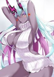 aqua_hair armpits arms_behind_back big_ass blush dark-skinned_female dark_skin fate/grand_order fate_(series) ibuki_douji_(fate) kawa_batayoshi large_breasts looking_at_viewer magenta_eyes magenta_hair oni smile thick_thighs turtleneck_sweater very_long_hair virgin_killer_sweater wide_hips