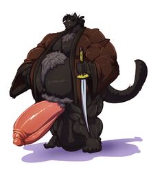 2019 5_toes anthro balls belly big_balls big_belly big_penis black_balls black_body black_fur black_hair bobert body_hair bottomless chest_hair clothed clothing coat erection feet felid feline fur genitals hair hi_res holding_object huge_balls huge_cock huge_muscle humanoid_genitalia humanoid_penis hyper hyper_balls hyper_belly hyper_genitalia hyper_penis looking_at_viewer male mammal melee_weapon musclegut penis pink_penis plantigrade samurai simple_background solo standing sword toes topwear warrior weapon white_background