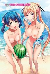 2girls aged_up areolae beach blonde_hair blue_hair breasts full_body large_breasts multiple_girls nakiri_erina nipples nude nude_female open_mouth pink_eyes ponytail shokugeki_no_souma small_breasts smile tadokoro_megumi tagme twintails vagina water_bottle watermelon yellow_eyes