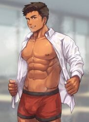 abs brown_hair funa_(artist) looking_at_viewer male male_only muscular_male open_shirt opening_shirt pecs pov red_underwear shirt smiling smiling_at_viewer solo sweat sweating tagme underwear white_shirt