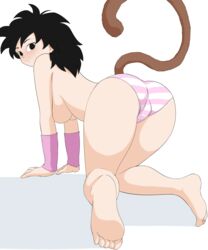 1girls all_fours ass blush cute dragon_ball dragon_ball_super gine looking_at_viewer looking_back milf panties partially_clothed pink_panties pink_striped_panties presenting presenting_hindquarters striped_panties tail topless topless_female