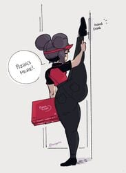 1girls ass big_ass boss_(gats) dialogue door doorbell female female_only gats leg_up original original_character pawg pizza_box pizza_delivery pizza_thot shortstack solo solo_female thick_thighs vertical_splits
