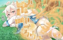 ahoge animal_ears blue_eyes fart fart_cloud grass kemono_friends laying_down leggings legwear looking_at_viewer nekosu thick_thighs white_hair white_lion_(kemono_friends)