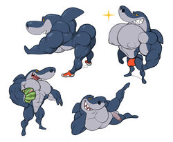 abs analon_(artist) anthro ass biceps bulge clothing crush fin fish flexing food footwear fruit furry genitals grey_body hi_res holding_object looking_at_viewer male male_only marine melon muscular muscular_anthro muscular_male nipples pecs penis plant pose shark sharko shoes smile smirk solo teeth toomanyboners underwear zig_and_sharko