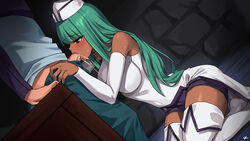 1boy aqua_hair bangs bare_shoulders black_shorts blunt_bangs blush boots breasts crisis_point:_extinction crisis_point_extinction cum cum_in_mouth dark-skinned_female dark_skin detached_sleeves dress dutch_angle facial fellatio female from_side highres kneeling large_breasts long_hair mk_(lazymk) oral pants pants_pull penis purple_eyes shorts solo_focus standing straight sweat thigh_boots thighhighs turtleneck_dress uncensored very_long_hair white_dress white_footwear white_headwear white_legwear white_sleeves