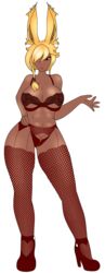 amber_eyes blonde_hair bra bunny_ears dark_skin female final_fantasy final_fantasy_xiv flat_colors hair_braid lingerie makeup original_character panties red_clothing red_lipstick ripped safran shoes_on short_hair stockings tall_female tattoo viera wally_roo