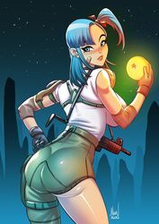 1girls 2020 aqua_eyes aqua_hair ass ass_focus blue_eyes blue_hair booty bulma_briefs butt clothed desert dragon_ball dragon_ball_(classic) dragon_ball_(object) female female_only light-skinned_female light_skin looking_at_viewer looking_back naughty_face night paranoidvin side_ponytail skinny solo solo_female wild_rider_suit