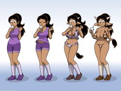 blue_background breast_expansion cow_bikini cow_girl cow_horns cow_tail drinking_milk el_goonish_shive gradient_background rhoda_(egs) transformation white_background