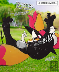 absurd_res animal_humanoid anthro big_breasts braixen breasts canid canid_humanoid canine canine_humanoid clothing dialogue disembodied_penis duo feet female female_penetrated fox_humanoid fur genitals hat headgear headwear hi_res humanoid invalid_tag male male/female male_penetrating male_penetrating_female mammal mammal_humanoid nintendo orange_body orange_fur pawpads penetration penis pokémon_(species) pokemon pokemon_(species) ponporio_(artist) text vaginal_penetration video_games witch_hat