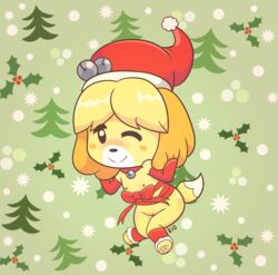 absurd_res animal_crossing anthro bell blush canid canine canis christmas christmas_clothing christmas_headwear clothing domestic_dog female fur genitals gloves handwear happy hat headgear headwear hi_res holidays isabelle_(animal_crossing) legwear mammal mycrys nintendo nipples nude one_eye_closed pussy ribbons santa_hat shih_tzu simple_background smile solo toy_dog video_games wink