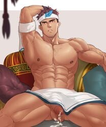 1boy abs armpits bara brown_hair chest_hair cum dark-skinned_male dark_skin ejaculation facial_hair feet_out_of_frame flaccid full_service hand_on_own_head headband highres large_pectorals looking_at_viewer male male_focus male_only mature_male muscular muscular_male navel navel_hair nipples nude oki_ardana osmond pelvic_curtain penis short_hair sitting solo spread_legs stomach stubble testicles thick_thighs thighs veins