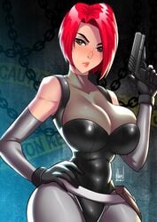 1girls 2020 big_breasts bob_cut breasts brown_eyes bustier capcom cleavage clothed corset dino_crisis female female_only gloves gun hand_on_hip hourglass_figure large_breasts light_skin looking_at_viewer paranoidvin pinup red_hair regina_(dino_crisis) short_hair slim solo tagme thick thick_thighs thin_waist voluptuous