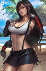 black_hair blush cleavage elbow_gloves final_fantasy final_fantasy_vii fully_clothed gauntlets gloves jewelry long_hair looking_at_viewer nopeys red_eyes skirt solo suspenders tifa_lockhart