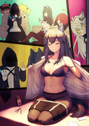 1boy 5girls animal_ears arknights black_bra black_hair black_panties black_underwear bra breasts card chest closed_eyes croissant_(arknights) doctor_(arknights) dylannn exusiai_(arknights) eyes_closed female highres lappland_(arknights) legwear long_hair navel open_shirt panties panties_under_pantyhose pantyhose playing pocky shirt shorts sitting small_breasts solo_focus sora_(arknights) stripping stripping_game tagme tail texas_(arknights) underwear undressing v v_sign zhangdiiiii 云开明