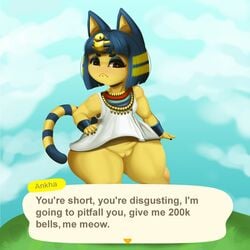 1girls animal_crossing ankha anthro bottomless dialogue dwn000 english_text felid feline felis female female_only fur furry furry_only hi_res meme nintendo partially_clothed pussy shortstack solo speech_bubble tail text thick_thighs topwear wide_hips