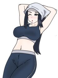 1girls akari_(pokemon) armpits arms_up artist_request blue_eyes blue_hair blush breasts exercise female_only female_protagonist fully_clothed game_freak grey_eyes large_breasts long_hair mouth_hold nintendo one_eye_closed pokemon pokemon_legends:_arceus solo sports_bra sweat_pants thick_thighs thighs undershirt white_background white_headwear white_skin yoga_pants