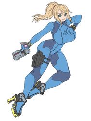 1girls alternate_version_available big_breasts blonde_hair bodysuit breasts brups flat_colors green_eyes high_heels metroid nintendo samus_aran solo solo_female thick zero_suit zero_suit_samus