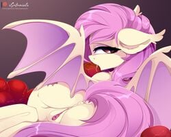 absurd_res animal_genitalia animal_pussy anus apple ass bat_pony equid female feral flutterbat_(mlp) fluttershy_(mlp) food friendship_is_magic fruit genitals hasbro hi_res mammal my_little_pony plant pussy solo unguligrade_legs wings xsatanielx