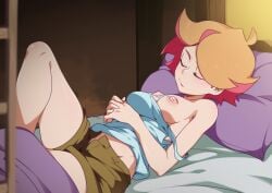 1girl 1girls amanda_o'neill blush blush_lines closed_eyes female female_focus female_only focus jcm2 little_witch_academia multicolored_hair shirt_down shirt_pull shorts_open sleeping small_ass small_breasts solo solo_female student visible_nipples witch