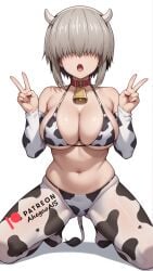 ahegao_ai ai_generated cow_costume cow_ears cowbell double_peace_sign kneeling open_mouth simple_background simple_coloring uzaki-chan_wa_asobitai! uzaki_yanagi