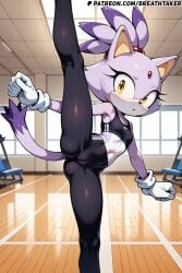 ai_generated blaze_the_cat breathtaker female_only furry furry_female gym one_leg_up presenting purple_fur purple_hair sonic_(series) sonic_the_hedgehog_(series) sportswear yellow_eyes yoga_pants