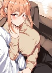 1boy 1girls arm_grab belko big_breasts blush breasts brown_eyes cute_face female_masturbing_male huge_breasts implied_handjob implied_outercourse large_breasts light-skinned_female light_brown_hair masturbation my_teen_romantic_comedy_snafu sitting sofa steam steamy steamy_cum steamy_penis suggestive suggestive_look touching_penis turtleneck turtleneck_sweater unseen_male_face yuigahama_yui's_mother