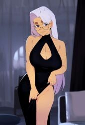 black_dress blue_eyes flashing flashing_pussy glasses june_(squeezable) mole_on_breast mole_under_eye no_panties paid_reward_available revealing_clothes seductive_smile squeezable tagme white_hair white_nails