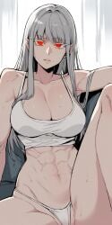 abs ai-generated bangs bra hero_killer ihwa lilianaa long_hair navel red_eyes sweat