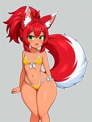 big_hips bronze_skin_color cute cute_face female furry furry_female furry_tail green_eyes long_hair monster_girl ponytail red_hair seductive small_breasts swimsuit wolf_ears wolf_girl wolf_tail