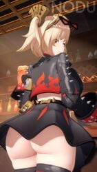 ass bar bartender beer big_ass burnice_white glasses glasses_on_head hair_ornament light_skin light_skinned_female looking_at_viewer nodusfm red_eyes skirt skirt_up spikes thick_thighs thigh_highs thighs zenless_zone_zero