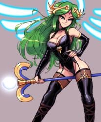 1girls choker corset dominatrix edit fingerless_gloves garter_belt gingrjoke green_eyes green_hair kid_icarus latex long_gloves nintendo palutena solo_female staff tagme thighhighs third-party_edit