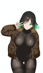 animated_version_available bending_forward black_hair bodystocking bomber_jacket cersea_soulstorm chromashift green_eyes green_hair large_breasts miyou peace_sign pussy_outline short_hair thick_thighs thigh_gap virtual_youtuber wide_hips winking_at_viewer