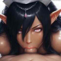 :>= ai_generated bare_shoulders big_penis black_hair dark-skinned_female dark_skin earrings elf elf_ears elf_female eye_contact fellatio hair_between_eyes headwear kuroinu_~kedakaki_seijo_wa_hakudaku_ni_somaru~ lipstick long_hair looking_at_viewer nai_diffusion olga_discordia oral penis pink_eyes pointy_ears pov pov_eye_contact pubic_hair pujopg