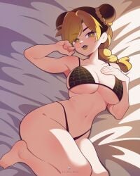 bikini black_hair breasts cleavage female female_only flipherrrr green_hair jojo's_bizarre_adventure jolyne_kujo laying_down laying_on_bed light_skin lipstick muscular_female tagme