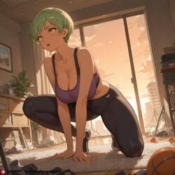 ai_generated beautfiul_background cheelai crouching huge_breasts messy_room screaming sports_bra stunning_backgroud yoga_pants