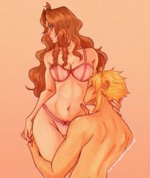 aerith_gainsborough blonde_hair blush brown_hair closed_eyes cloud_strife final_fantasy_vii final_fantasy_vii_remake foreplay green_eyes hip_grab kissing_body pink_panties romantic_couple spiky_hair straight stripping underwear wavy_hair