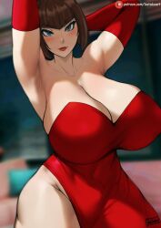 armpits arms_up artist_name bangs bare_shoulders blue_eyes blush breasts brown_hair cleavage collarbone dress elbow_gloves female gloves huge_breasts leotard red_dress red_gloves short_hair smile solo strapless thighs wide_hips