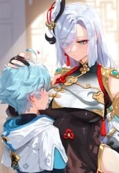 1boy 1girls adult_and_teenager age_difference ai_generated aunt_and_nephew chongyun_(genshin_impact) cyan_hair genshin_impact imminent_incest imminent_sex no_sex older_female shenhe_(genshin_impact) silver_hair younger_male