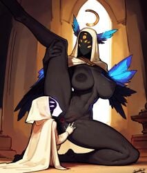 1girls ai_generated angel angel_girl angel_wings anus ass black_body breast_curtains busty curvy_figure female female_focus huge_breasts legs_spread oc original original_character pussy sweaty thick_thighs wings